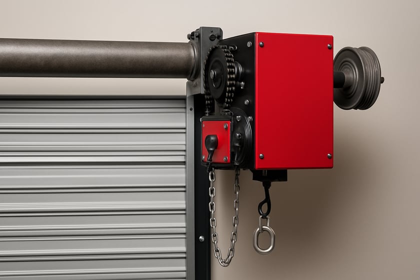 Product shot of a closed sectional garage door and its hardware, for the article What To Expect During a Free Garage Door Inspection for Commercial Door Operator Problems, Step by Step.