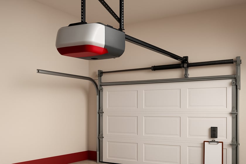 Product shot of a belt drive garage door opener mounted above a closed door, for the article What To Expect During A Free Garage Door Inspection For A New Opener, Step By Step.