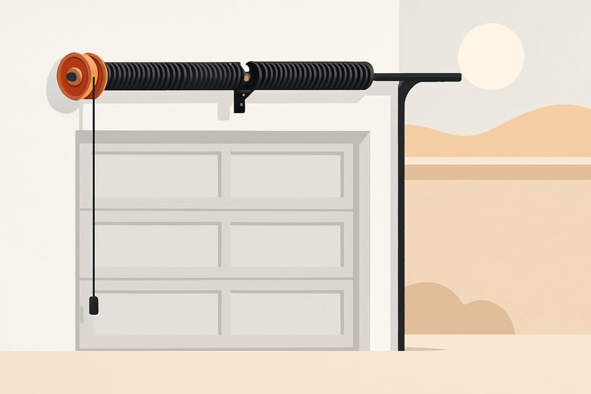 Illustration of a torsion spring on its shaft above a closed garage door, for the article Broken garage door spring repair, replacement and installation in Whitney homes.
