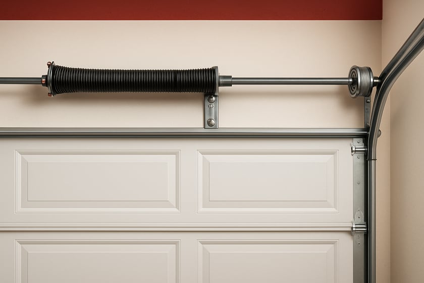 Product shot of a torsion spring on its shaft above a closed garage door, for the article Broken garage door spring repair, replacement and installation in Winchester.