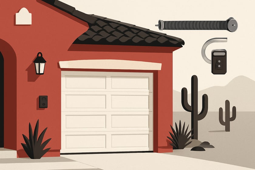 Illustration of a house exterior with a new closed sectional garage door, for the article Windsor Door garage doors in Las Vegas: springs, repair and replacement.