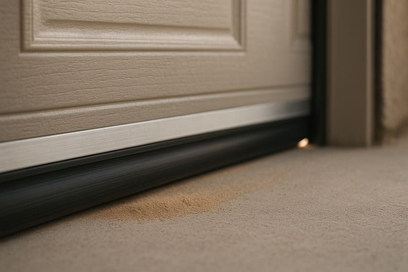 Close up of the rubber bottom seal in its retainer along the base of a closed garage door, with dust drifted against the threshold.