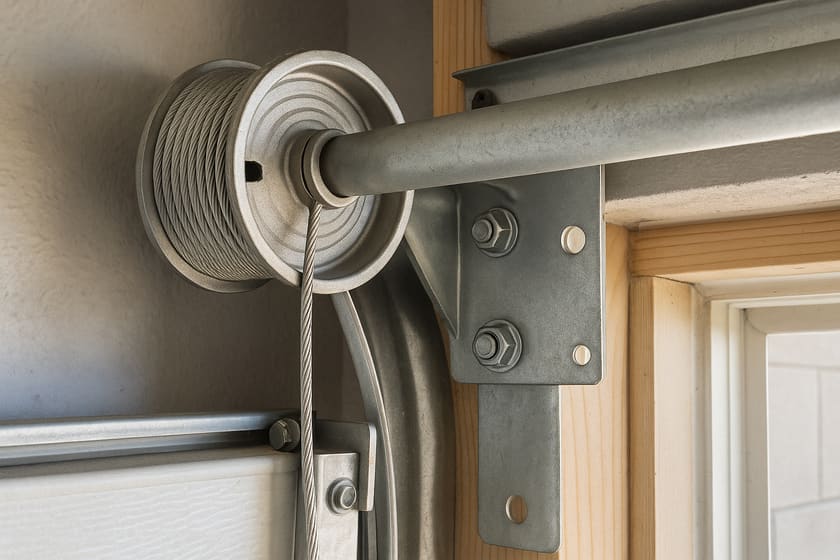 Close up of a garage door lift cable wound onto its cable drum, beside the torsion shaft and the end bearing plate.