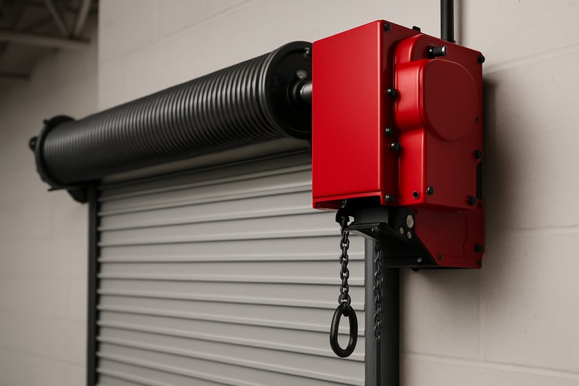 A commercial hoist operator mounted beside a rolling steel door, its hand chain hanging below.