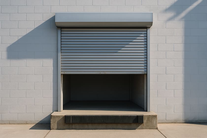 A steel roll up commercial service door, partly open, on a concrete block loading bay.