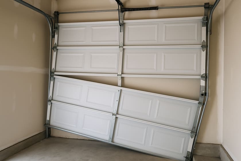 A sectional garage door hanging out of square inside a garage, with a lower section pulled away from its track.