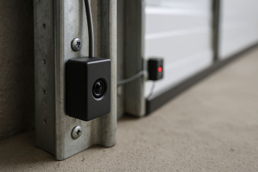 A garage door safety photo eye sensor mounted low on the vertical track, with its wire running up the track.