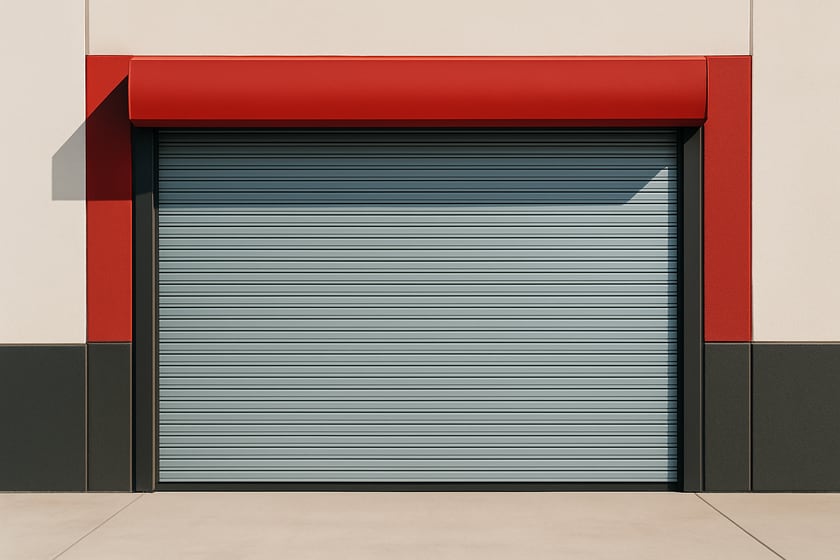 A closed galvanized rolling steel door on a warehouse wall, its slat curtain, hood and side guides visible.