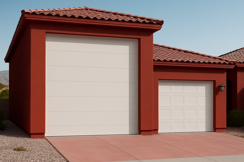 A desert house with a tall RV garage door beside a standard height garage door, both closed, showing the difference in height.