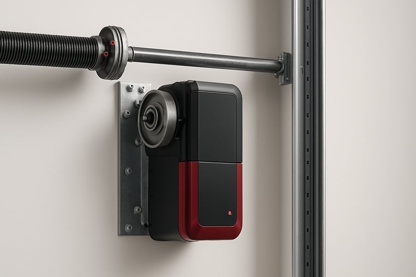 A wall mounted jackshaft garage door opener bolted beside the torsion spring shaft inside a tall garage.
