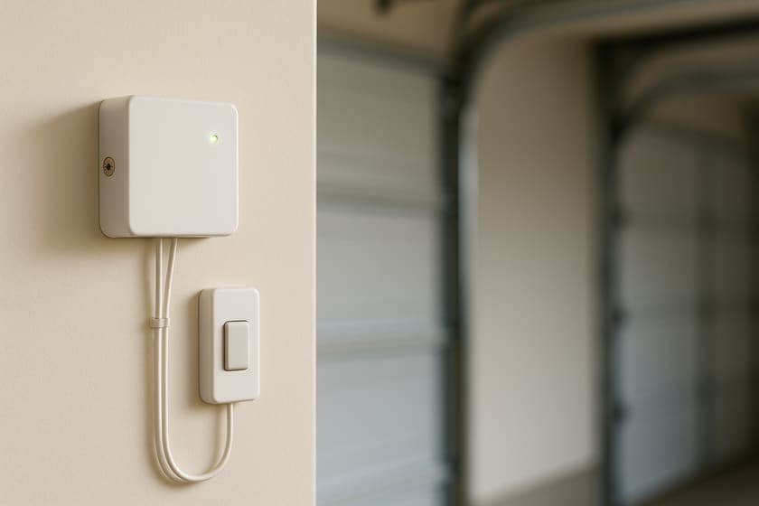 A small wifi garage door controller mounted on a garage wall, wired down to a low voltage wall control button, with a sectional garage door behind it.